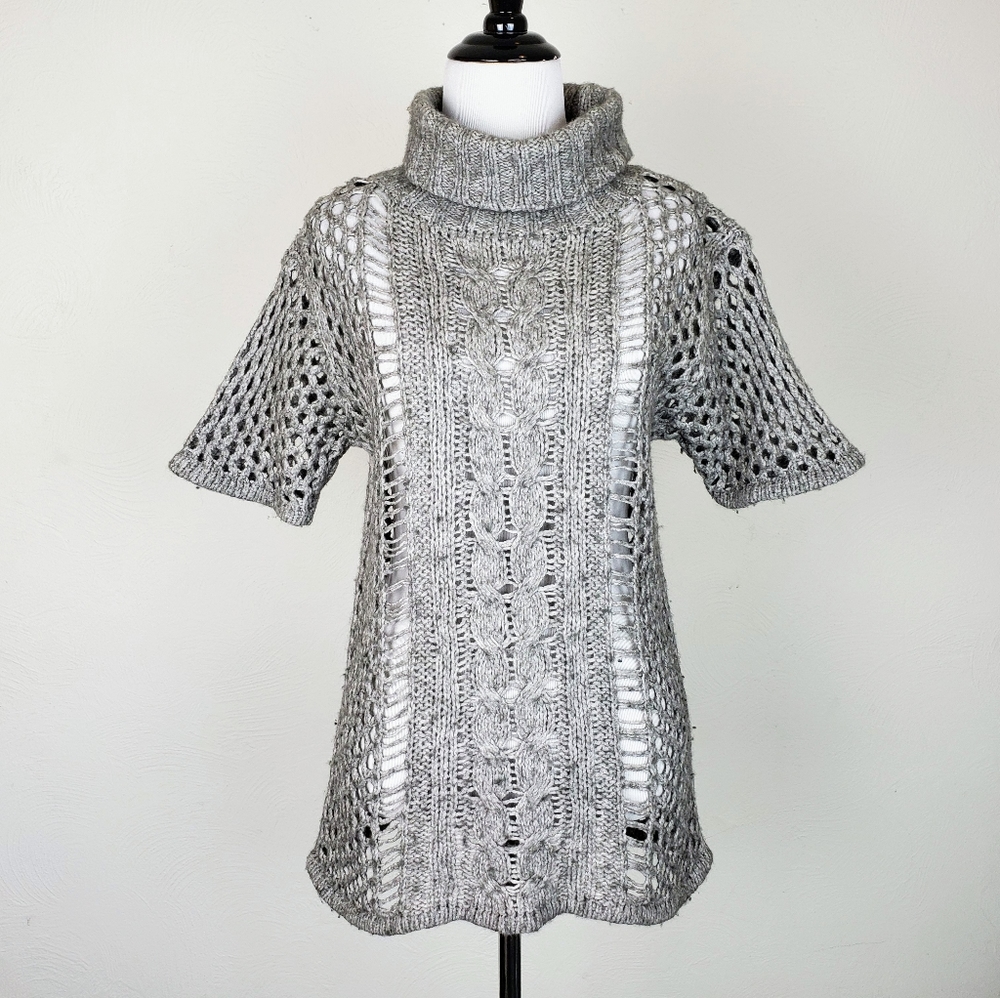 T Los Angeles Sweater Chenille Cable Knit Turtleneck Wool Yak Gray Boho Quirky